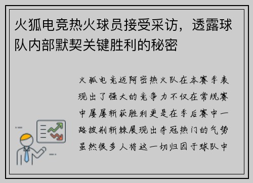 火狐电竞热火球员接受采访，透露球队内部默契关键胜利的秘密