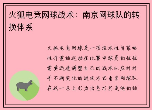 火狐电竞网球战术：南京网球队的转换体系